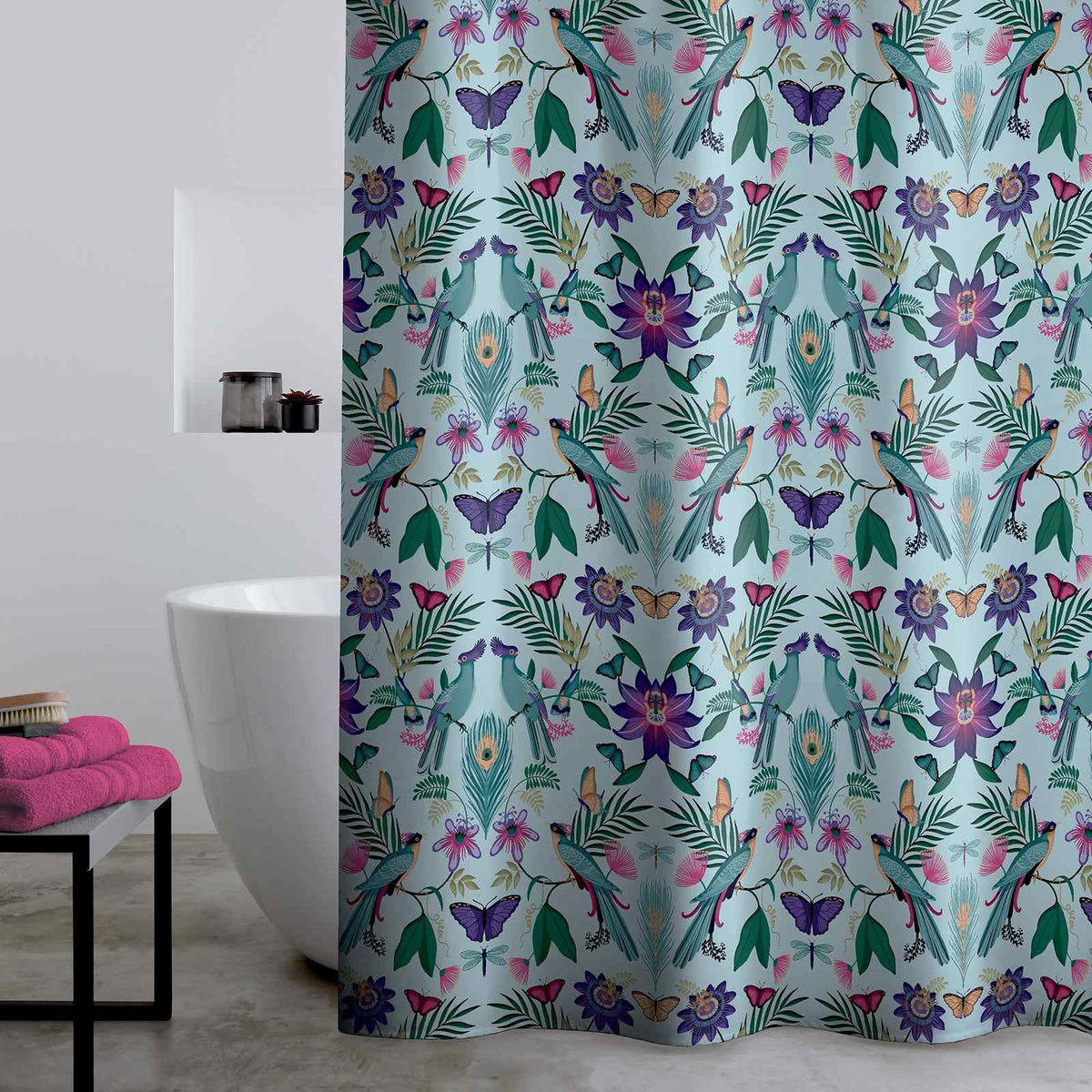 Mya Tropical Bird Duck Egg Blue Shower Curtain