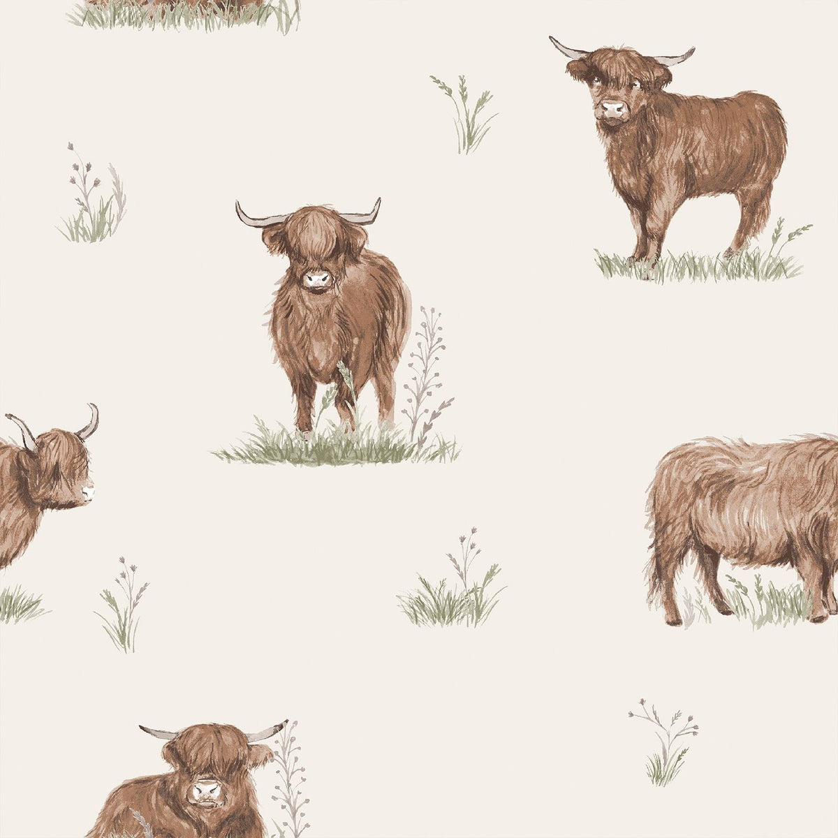 Catherine Lansfield Angus Highland Cow Natural Wallpaper - 105x53cm