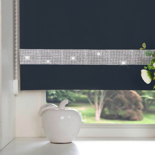 Plain Diamante Trimmable Navy Roller Blind