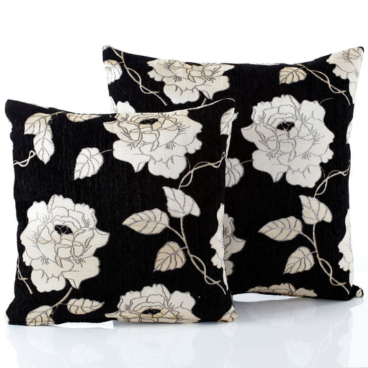 Chenille Black Rose Cushion Cover
