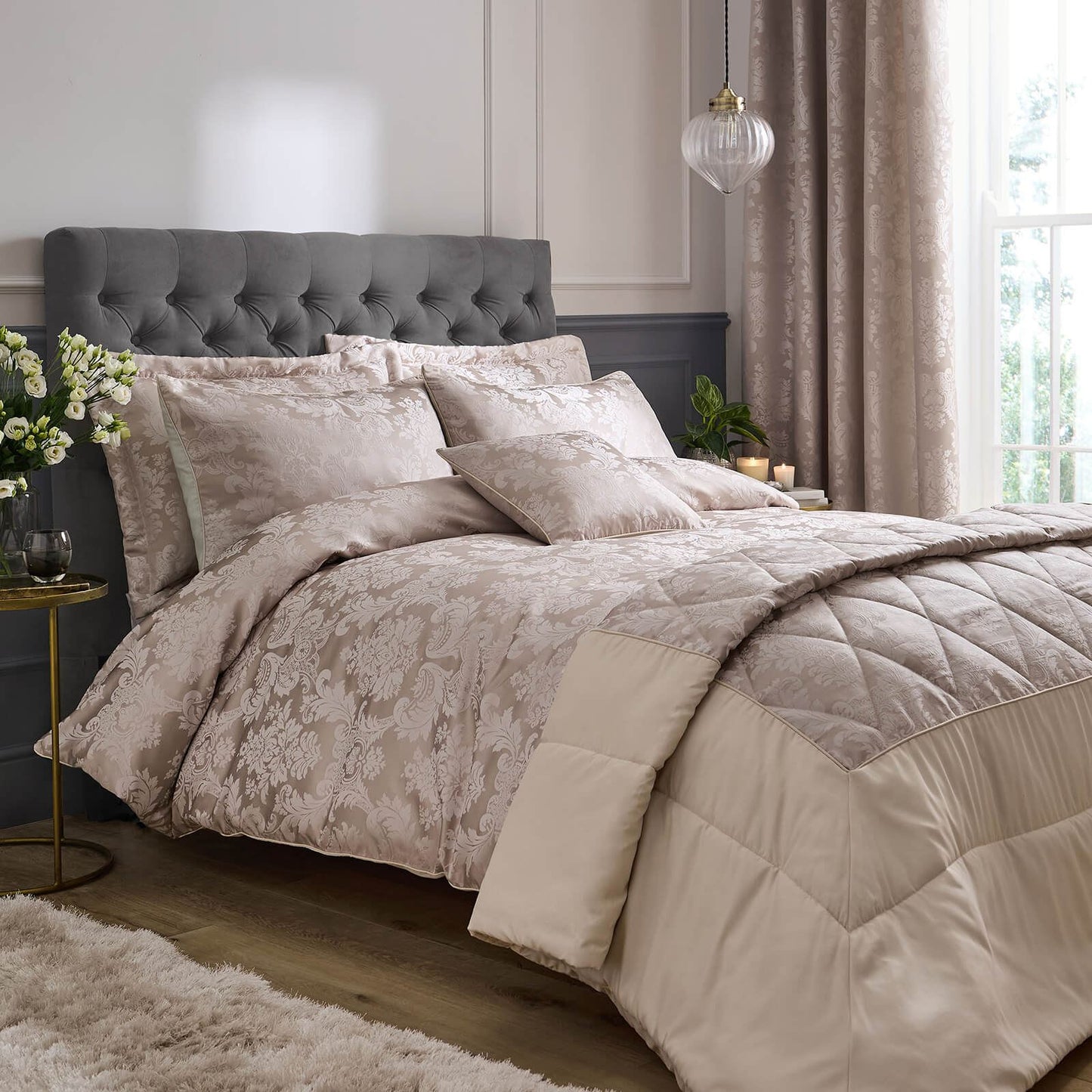 Damask Jacquard Quilted Pillow sham Pair Champagne Gold