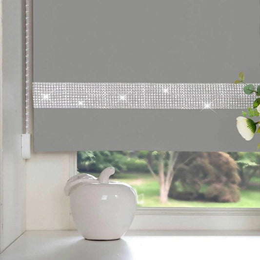 Plain Diamante Trimmable Grey Roller Blind