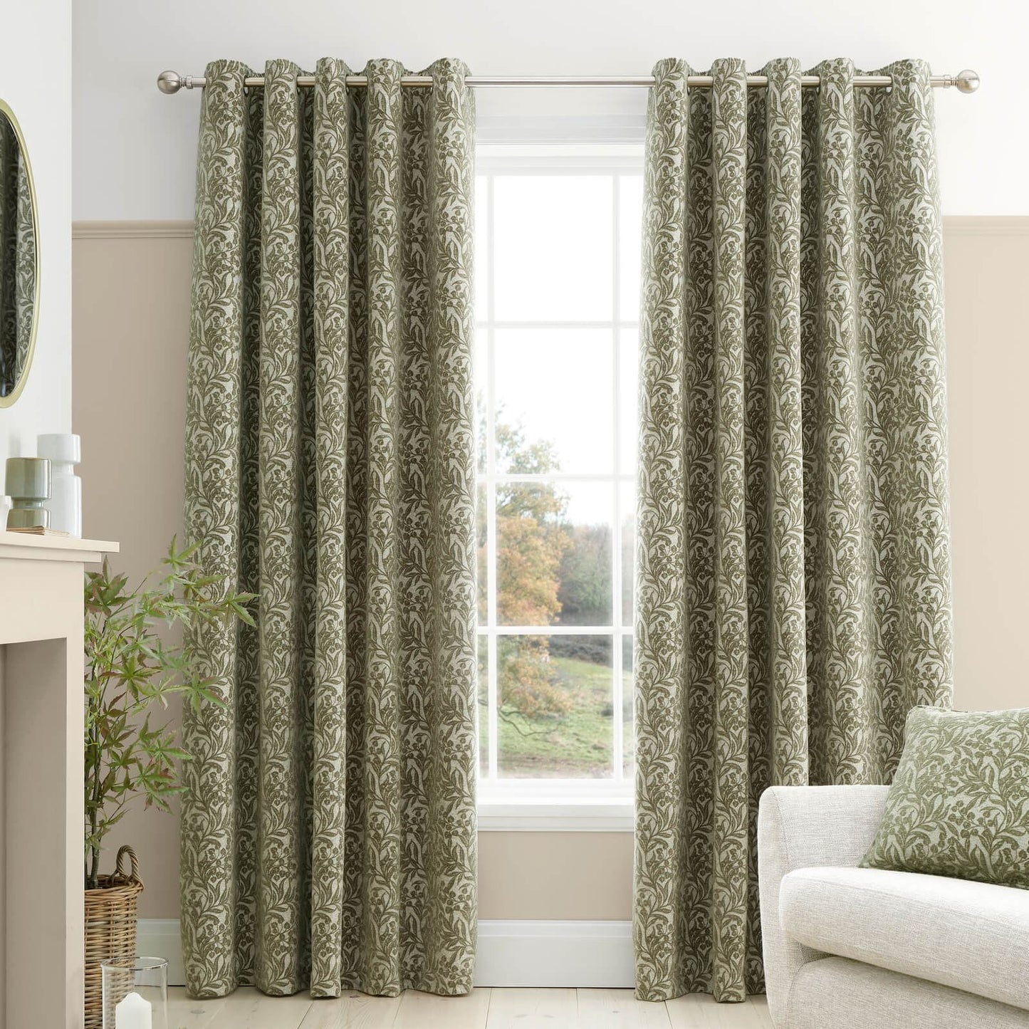 Bianca Fine Linens Chenille Leaves Lined Eyelet Curtains Two Panels Green