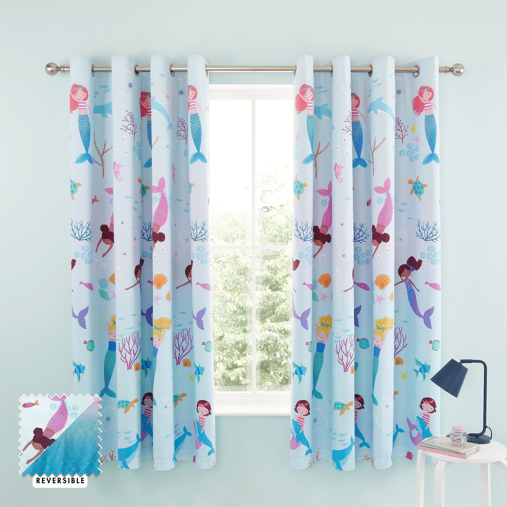 Mermaid Blue/Pink Eyelet Curtains