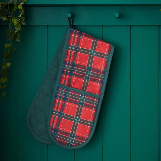 catherine-lansfield-christmas-tartan-check-cotton-kitchen-double-oven-glove-red-green