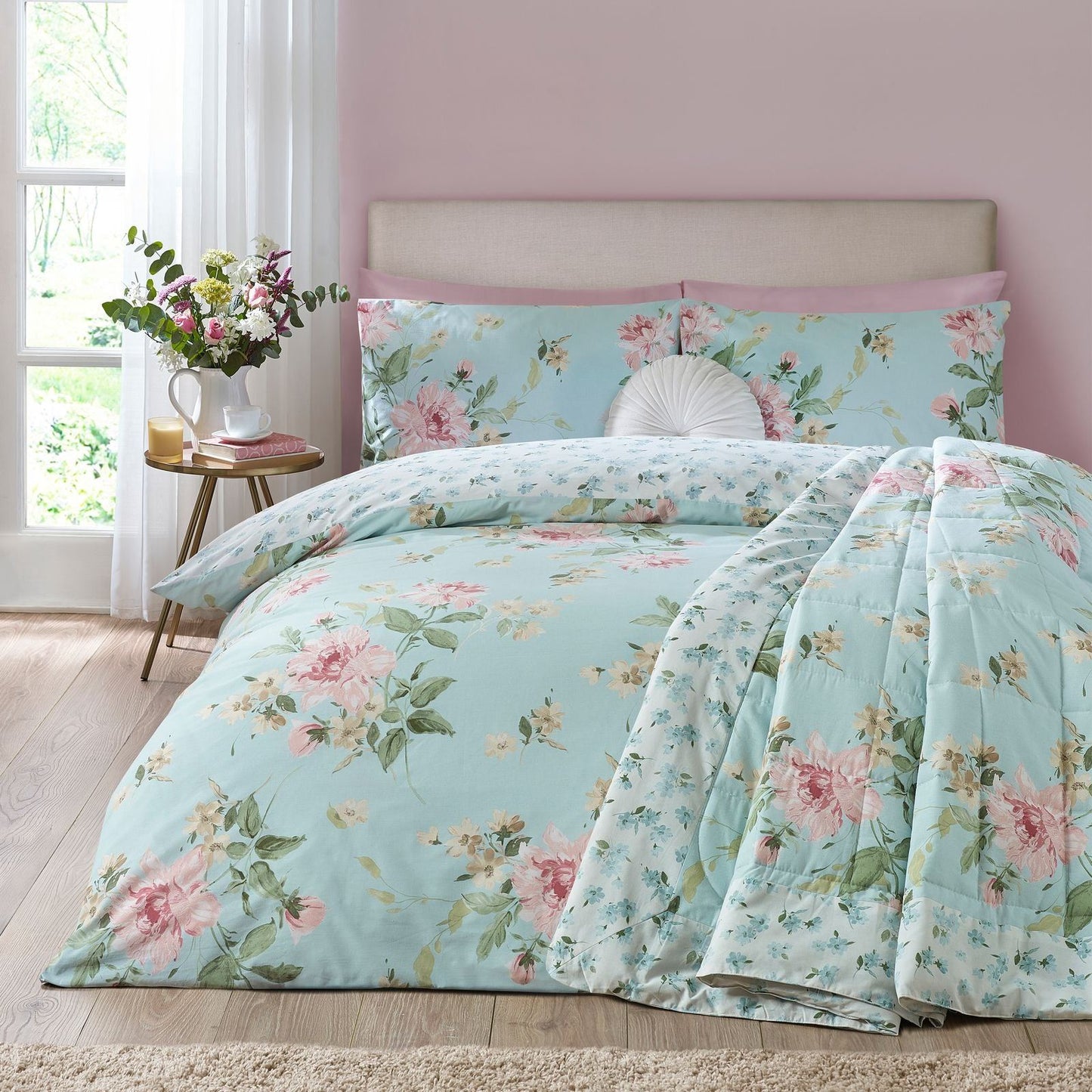 Catherine Lansfield Avebury Floral Duck Egg Blue Duvet Cover Set