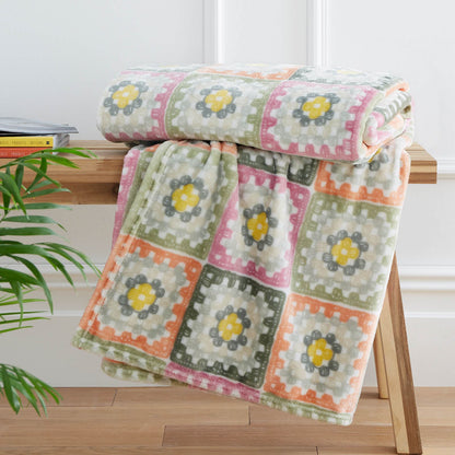 Crochet Print Blanket Throw Green