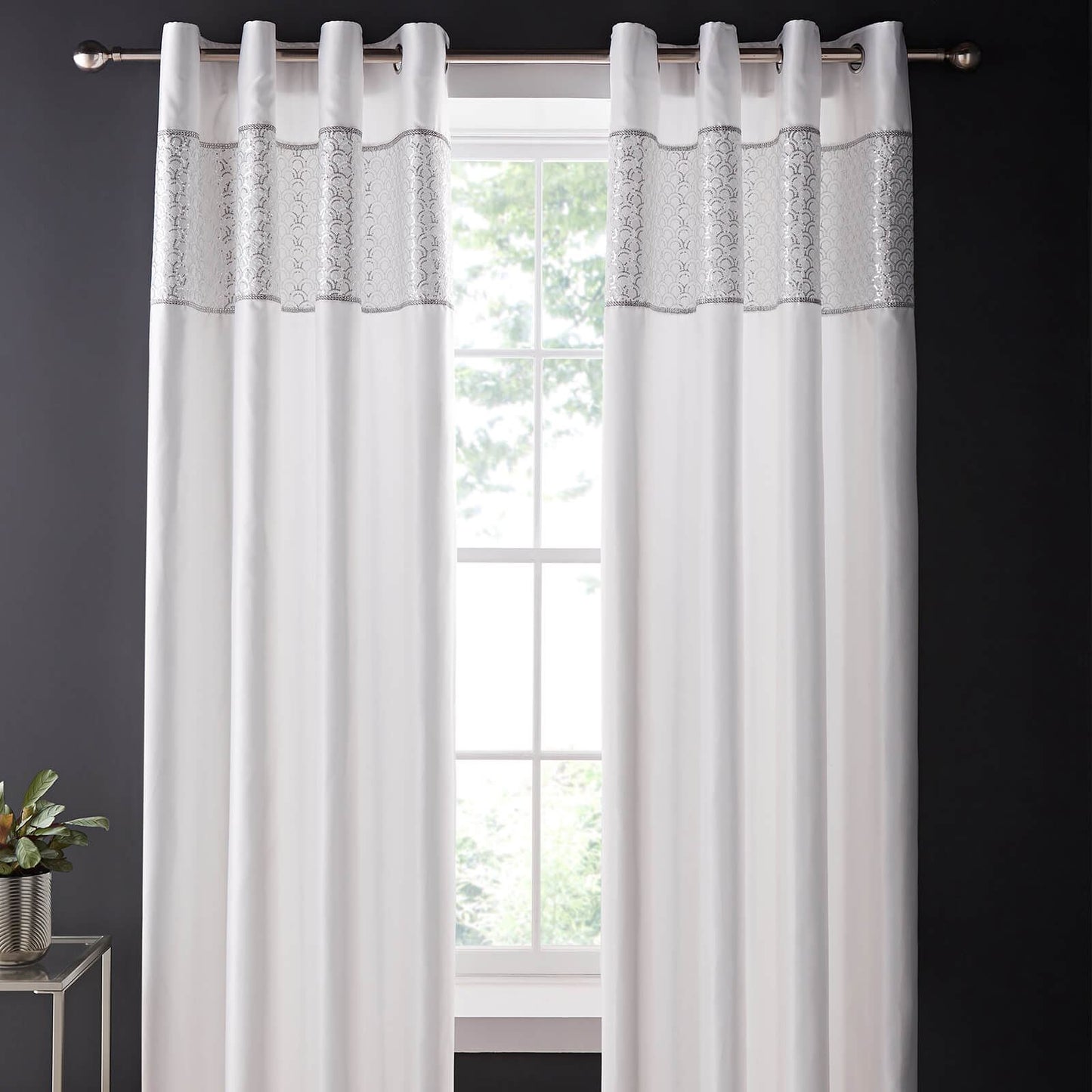 Deco Sequin Lined Eyelet Curtains Two Panels White