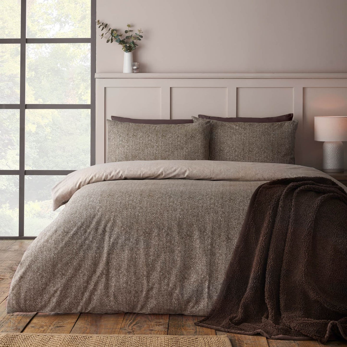 Catherine Lansfield Brushed Herringbone Printed Cotton Bedding Duvet Cover Set Chocolate