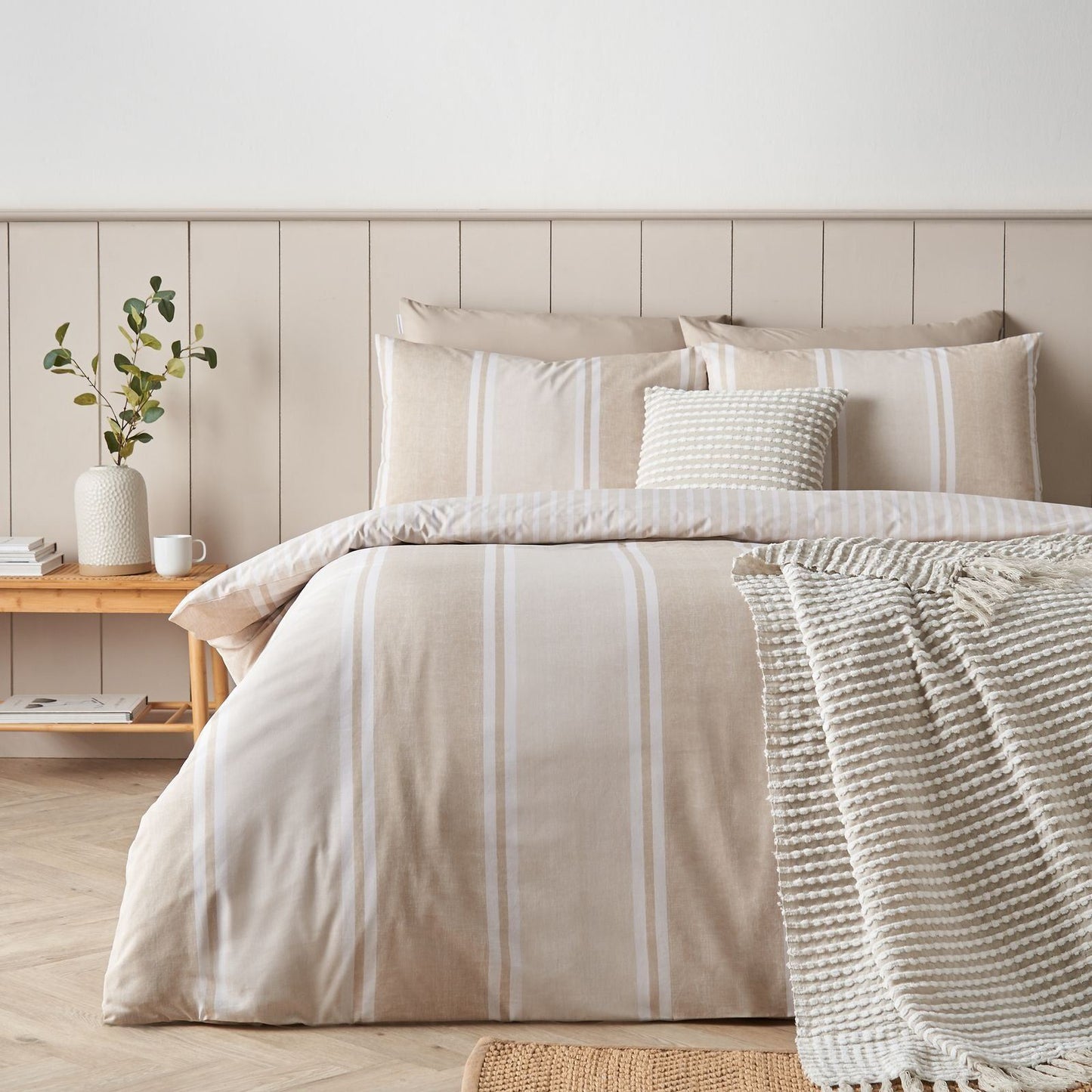Catherine Lansfield Banded Stripe Natural Duvet Cover Set