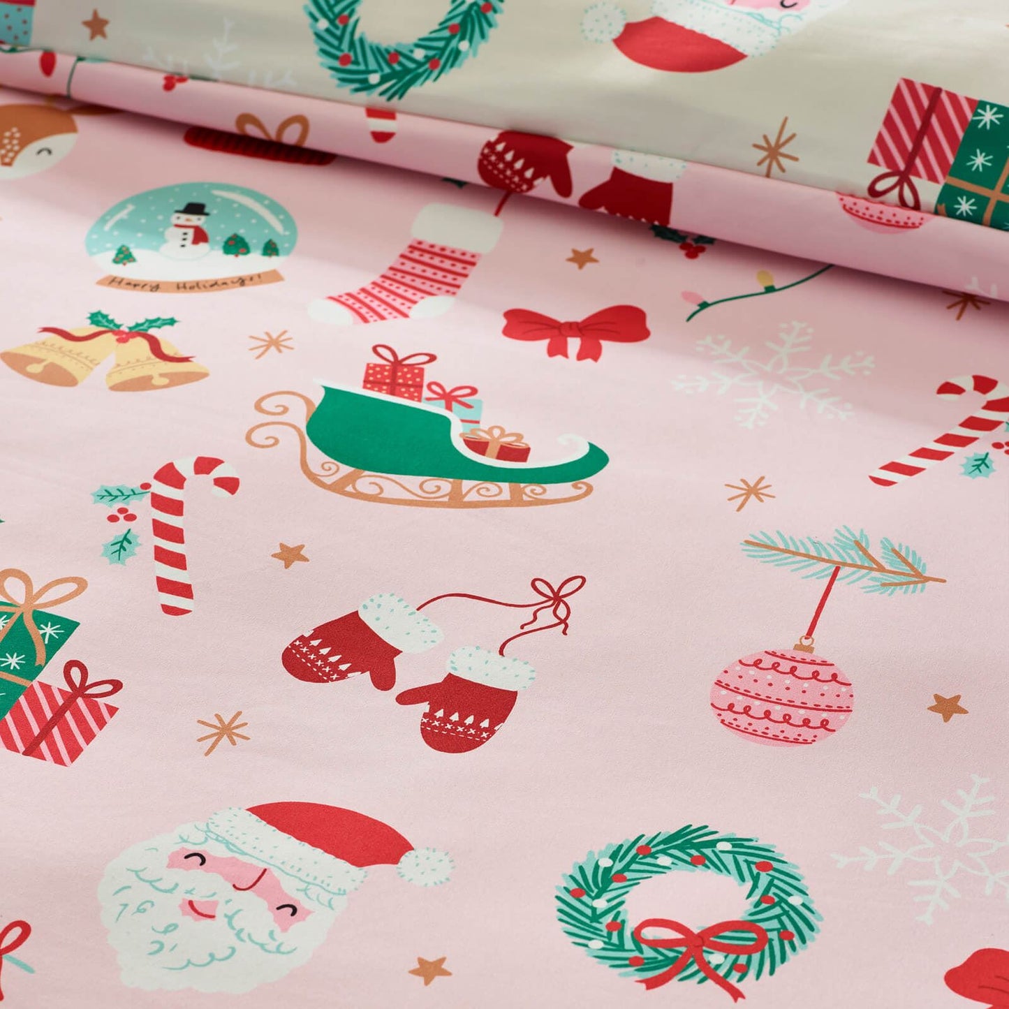Catherine Lansfield Christmas Happy Holidays Reversible Bedding Duvet Cover Set Pink