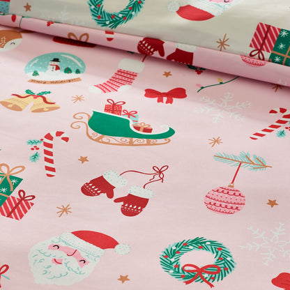 Catherine Lansfield Christmas Happy Holidays Reversible Bedding Duvet Cover Set Pink