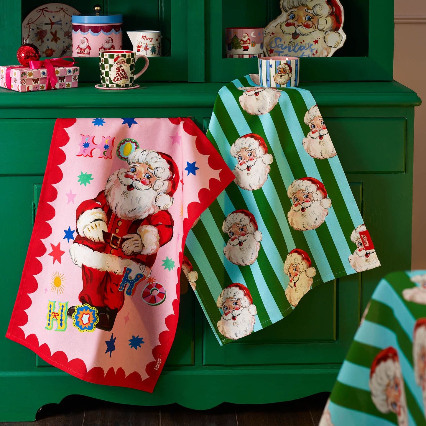 Eleanor Bowmer Jolly Santa Cotton Kitchen Tea Towel Pack of 2 Bright - 50x70cm
