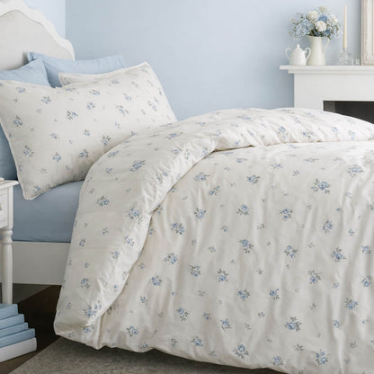 Bianca Fine Linens Vintage Rosebud Lace Reversible Cotton Bedding Duvet Cover Set Blue