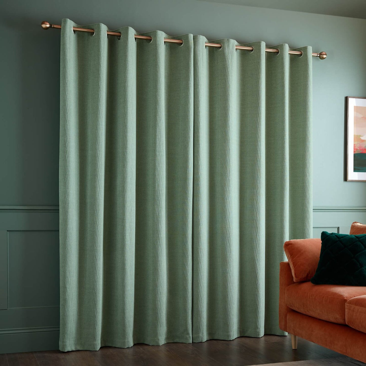 Catherine Lansfield Crinkle Chenille Lined Eyelet Curtains Two Panels Green