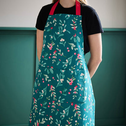 Christmas Holly And Mistle Toe Green Apron