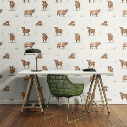 Catherine Lansfield Angus Highland Cow Natural Wallpaper - 105x53cm
