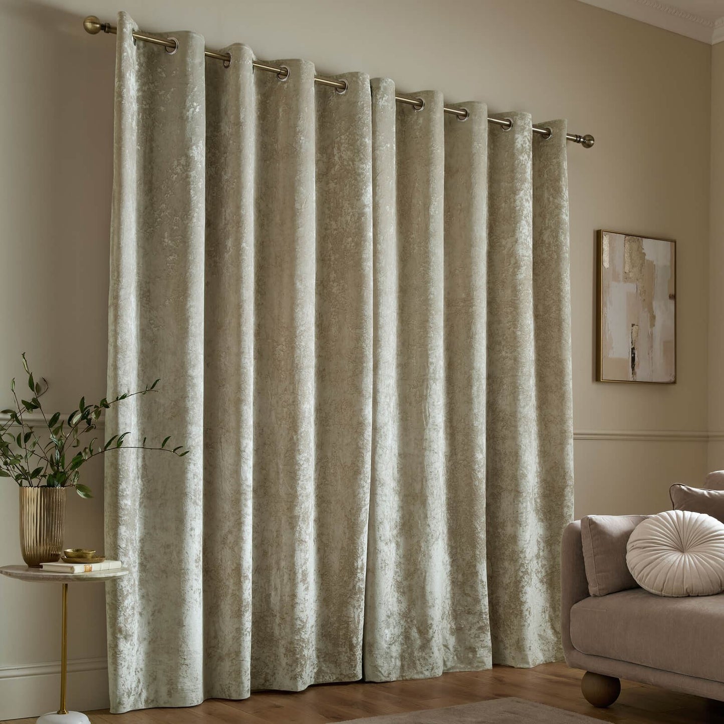 Catherine Lansfield Crushed Velvet Lined Eyelet Curtains Two Panels Natural