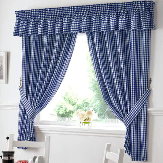 Gingham Blue Kitchen Curtain Pelmet