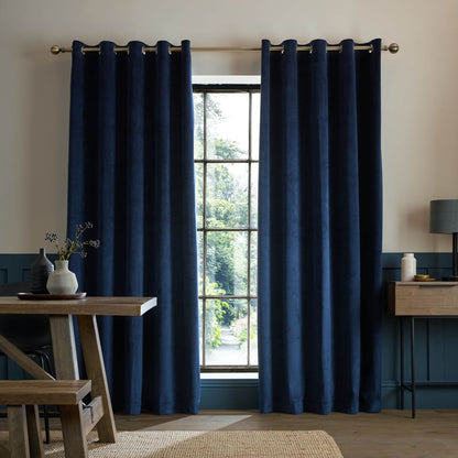 Catherine Lansfield Super Blackout Matt Velour Eyelet Curtains Two Panels Navy Blue