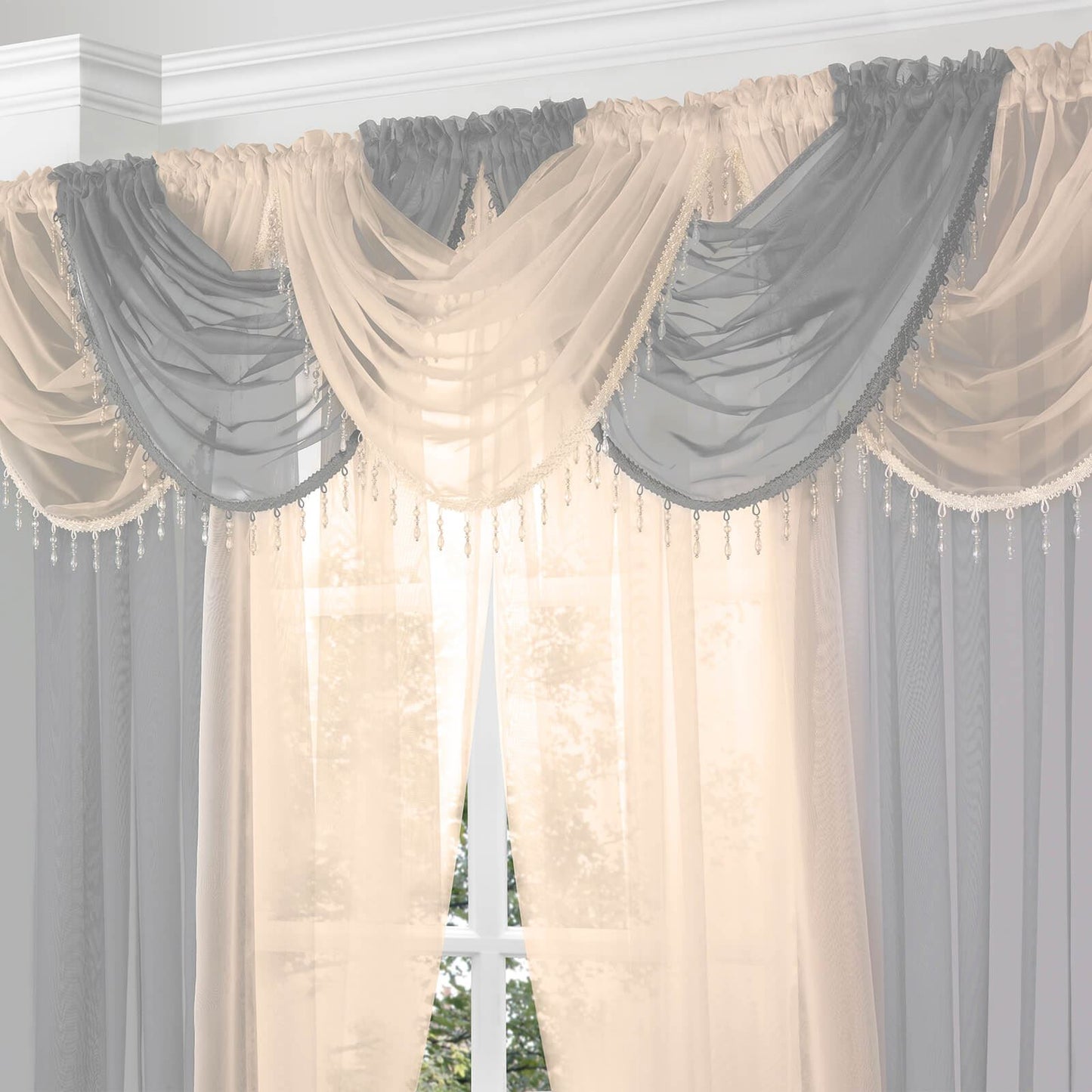 Beaded Cream Curtain Swag