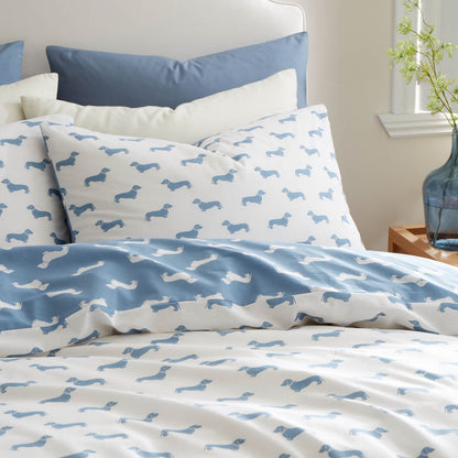 Emily Bond Peggy Dachshund Printed Cotton Bedding Duvet Cover Set Cream / Blue
