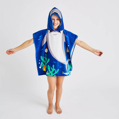 Kids Shark Hooded Cotton 60x120cm Towel Poncho Blue