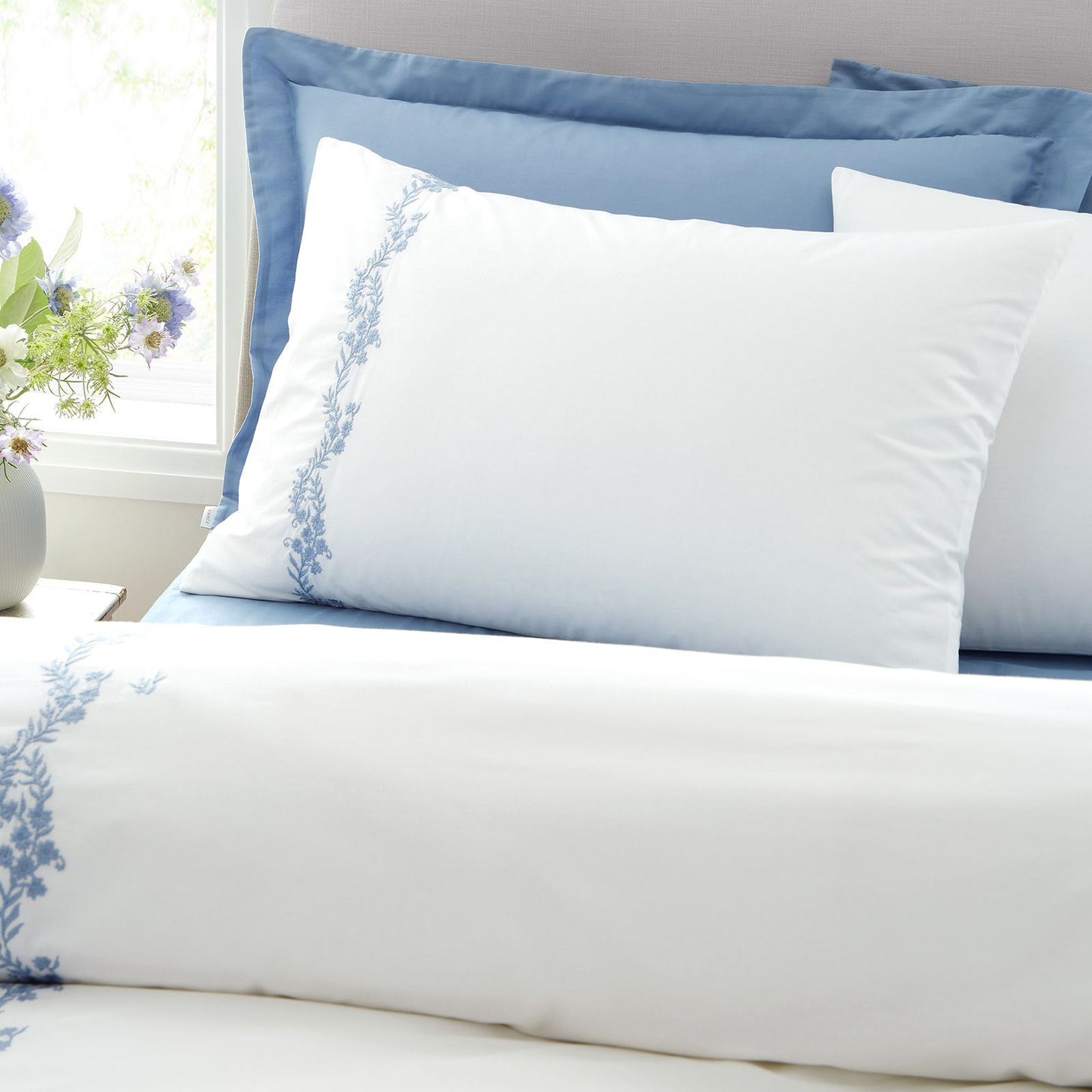 Bianca Camille Embroidered Floral White / Blue Duvet Cover Set