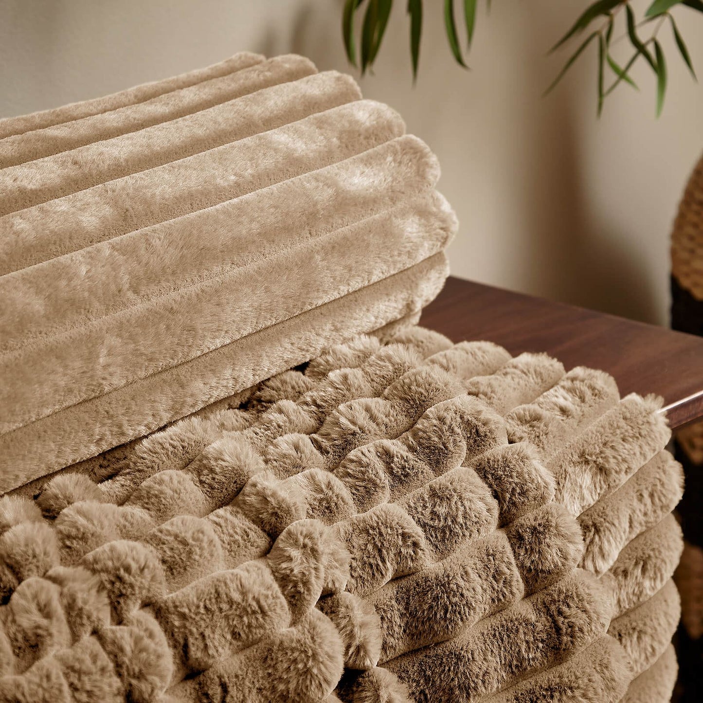 Cosy Ribbed Faux Fur Soft Blanket Throw Natural
