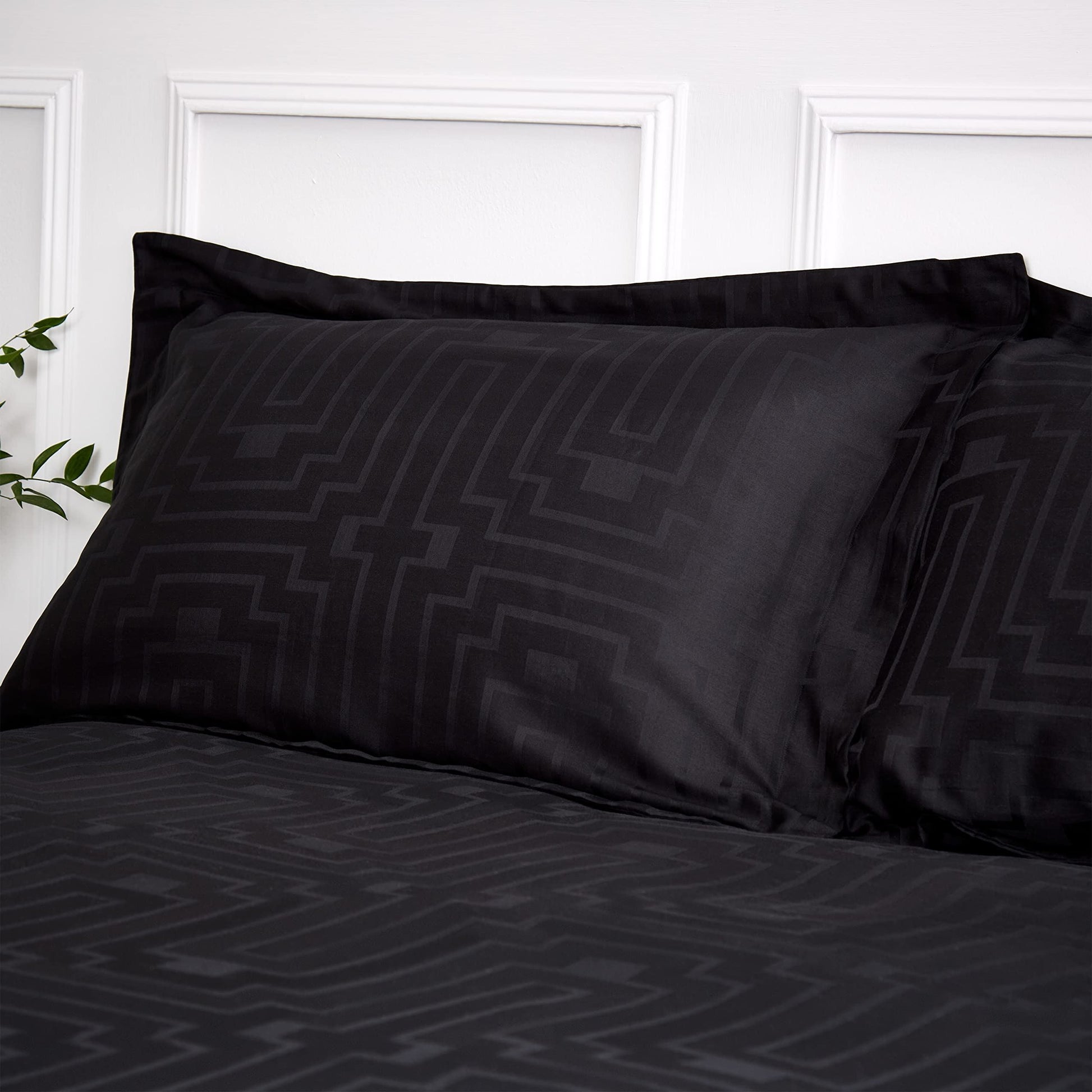 Fine Linens Sateen Geo 180TC Black Oxford Pillowcase Pair