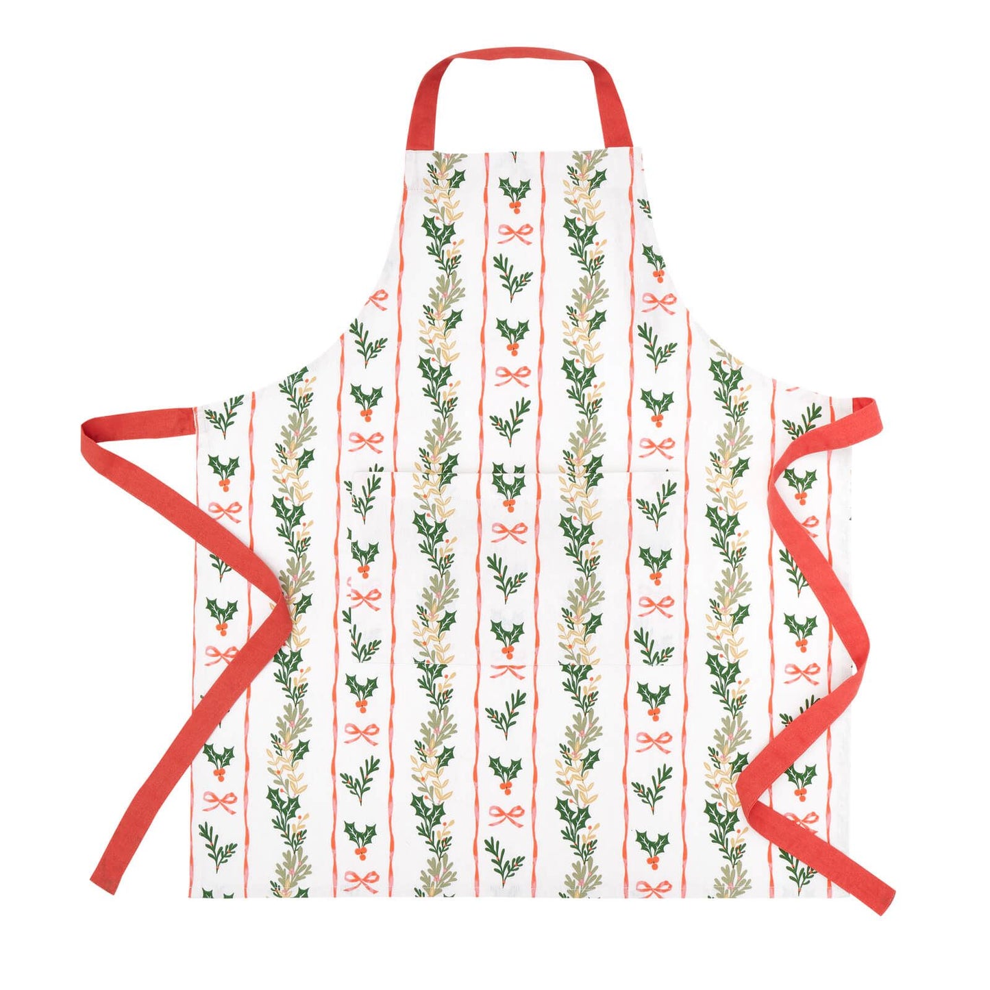 Catherine Lansfield Christmas Holly Stripe Cotton Kitchen Adult Apron Cream / Red - 70x80cm