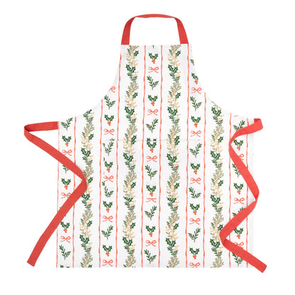 Catherine Lansfield Christmas Holly Stripe Cotton Kitchen Adult Apron Cream / Red - 70x80cm