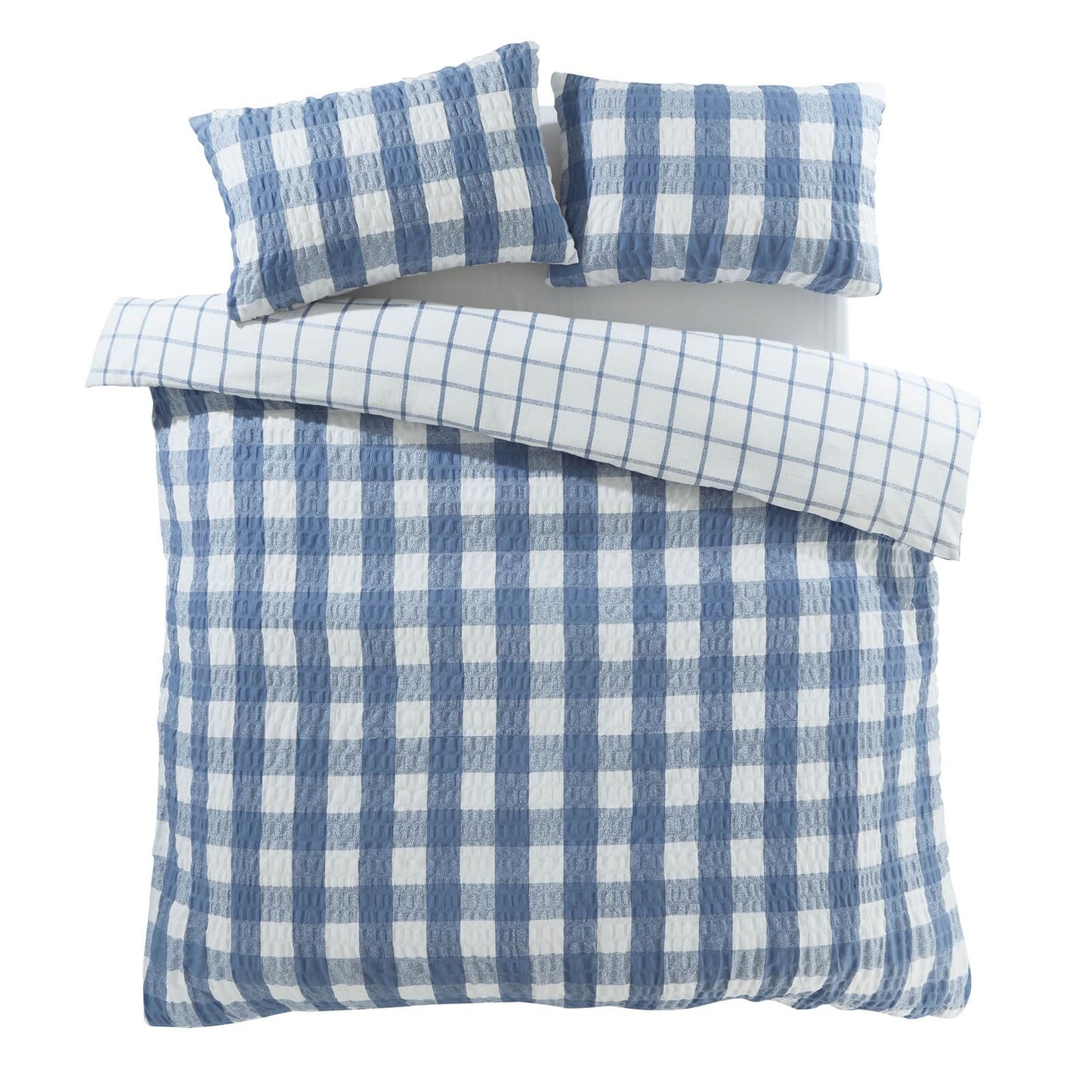 Brushed Seersucker Gingham Blue Duvet Cover Set