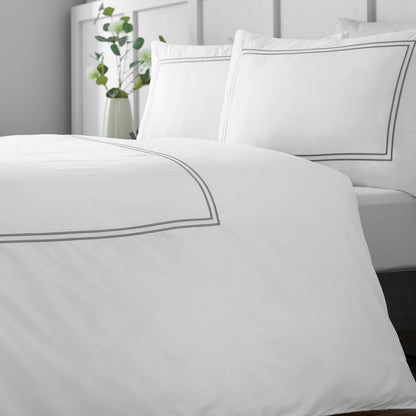 Catherine Lansfield So Soft Mono Satin Stitch White / Silver Duvet Cover Set