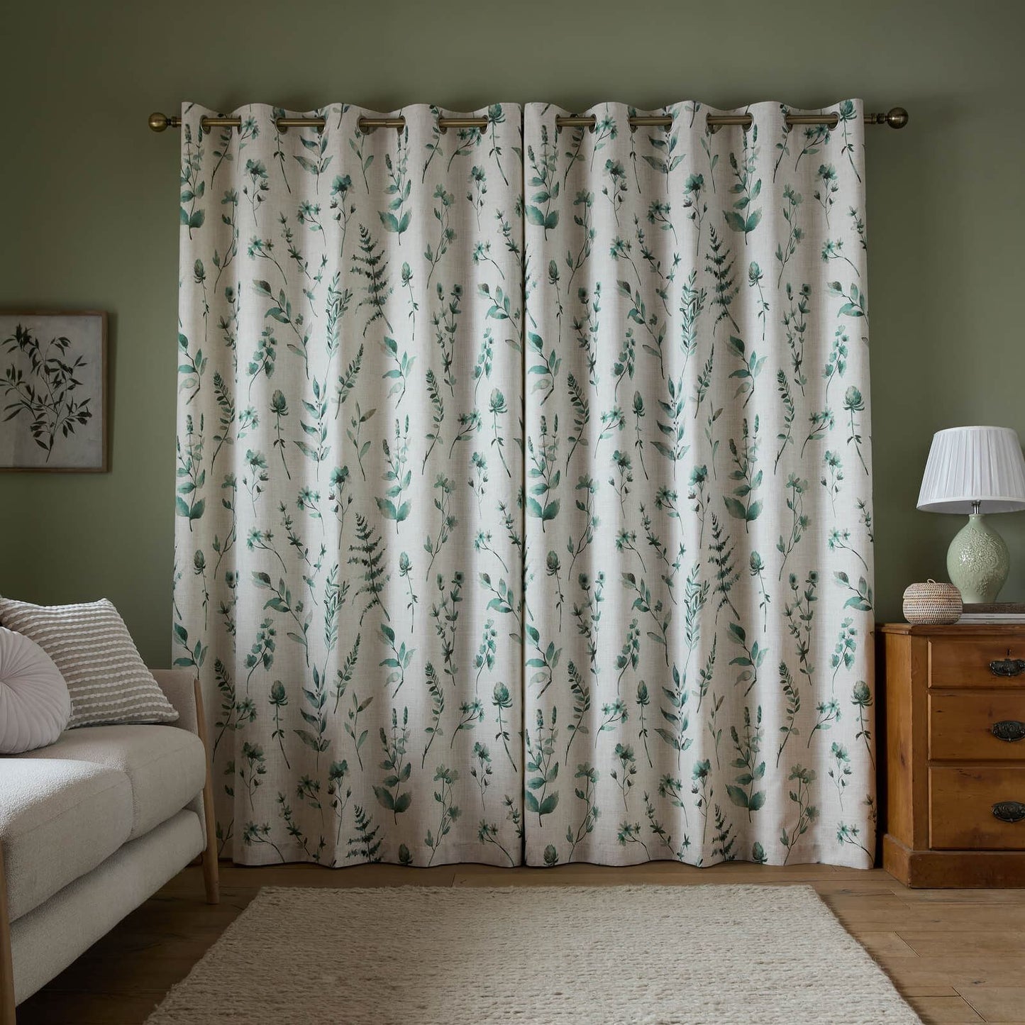 Catherine Lansfield Watercolour Leaves Lined Eyelet Curtains Two Panels Natural / Green