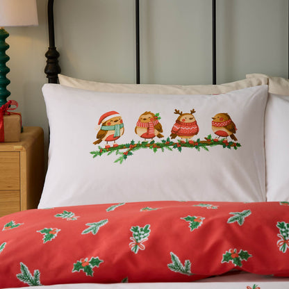 Catherine Lansfield Christmas Robins Printed Reversible Bedding Duvet Cover Set Red
