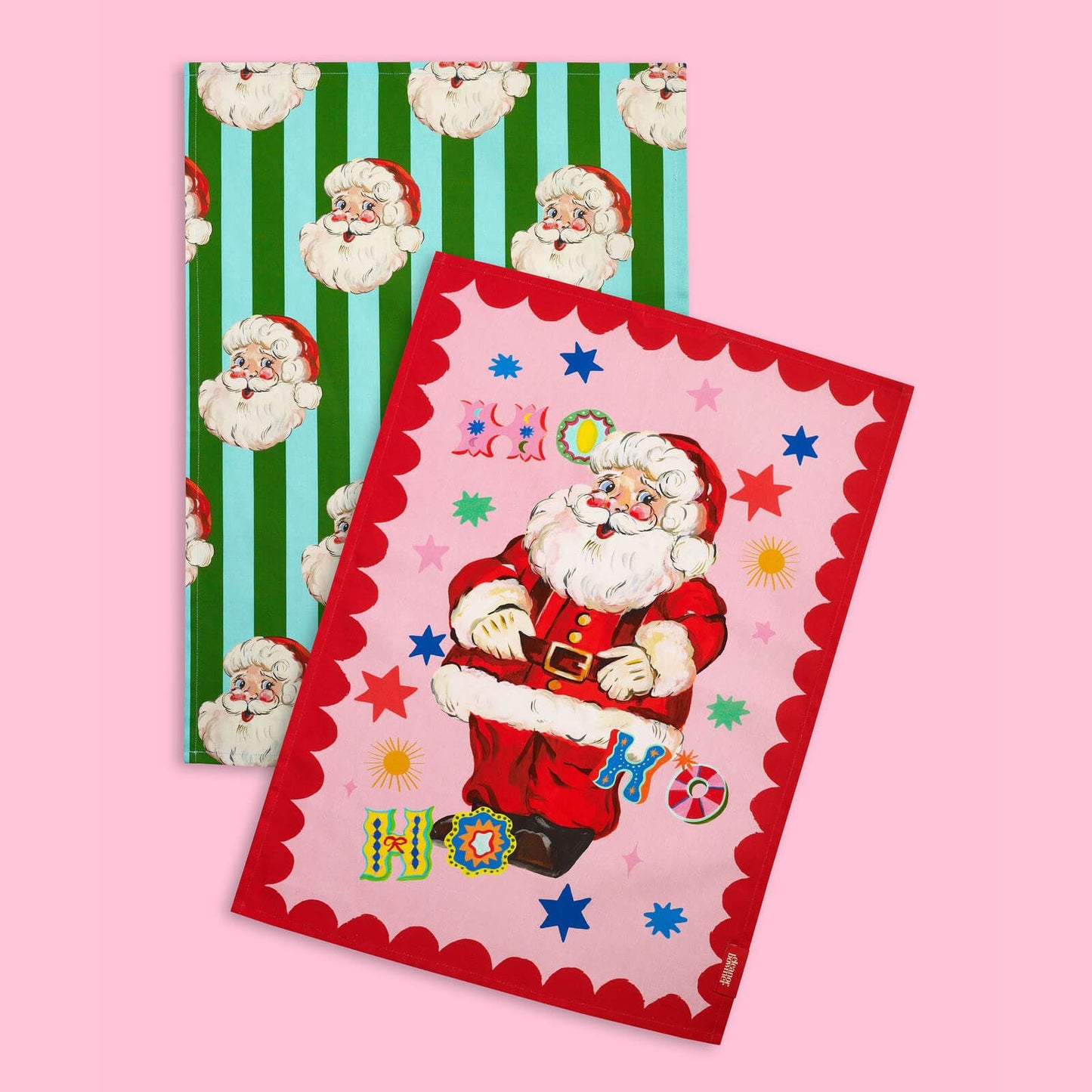 Eleanor Bowmer Jolly Santa Cotton Kitchen Tea Towel Pack of 2 Bright - 50x70cm