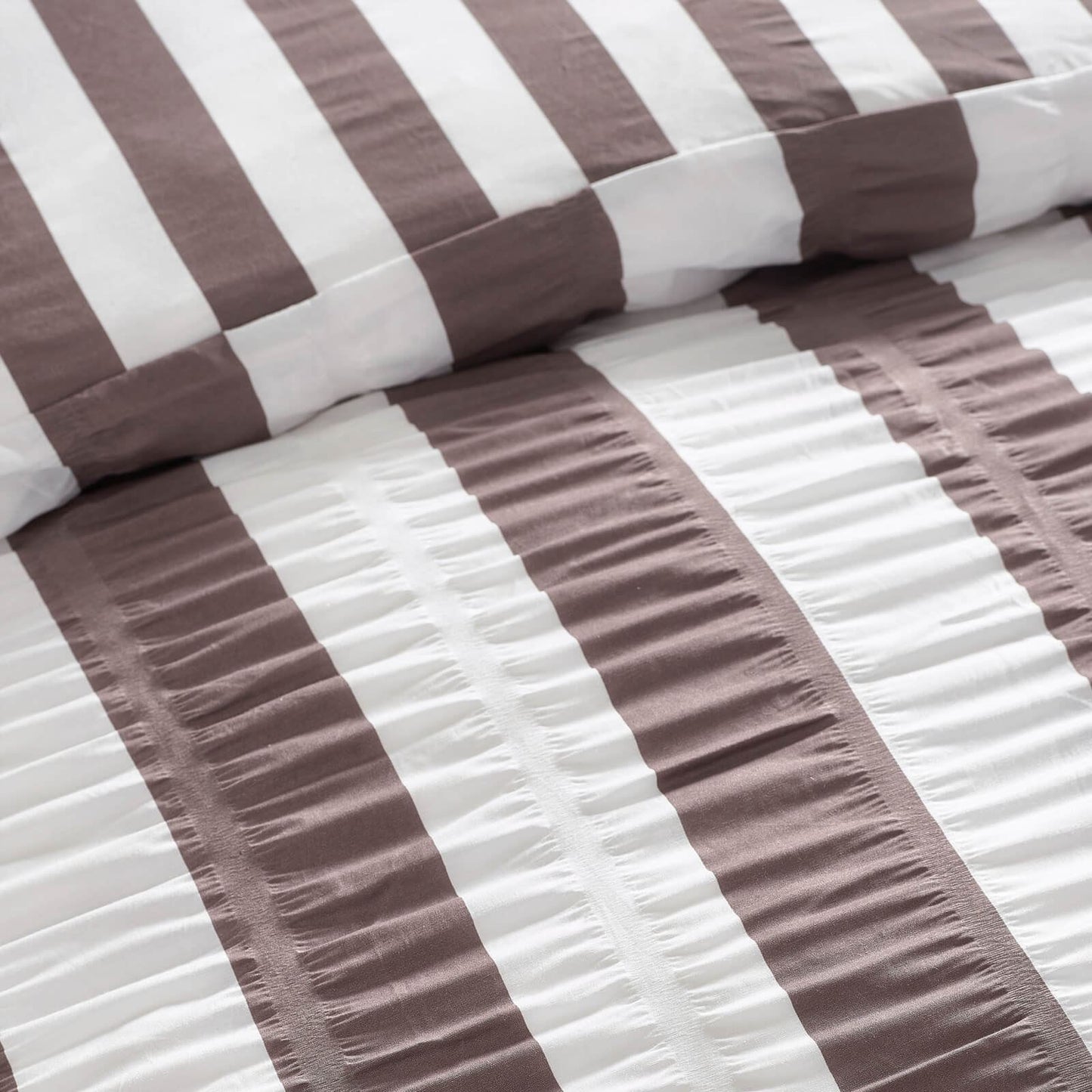 Catherine Lansfield Seersucker Frill Striped Bedding Duvet Cover Set Chocolate