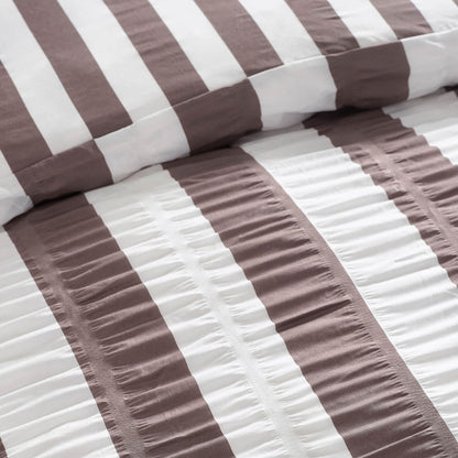 Catherine Lansfield Seersucker Frill Striped Bedding Duvet Cover Set Chocolate