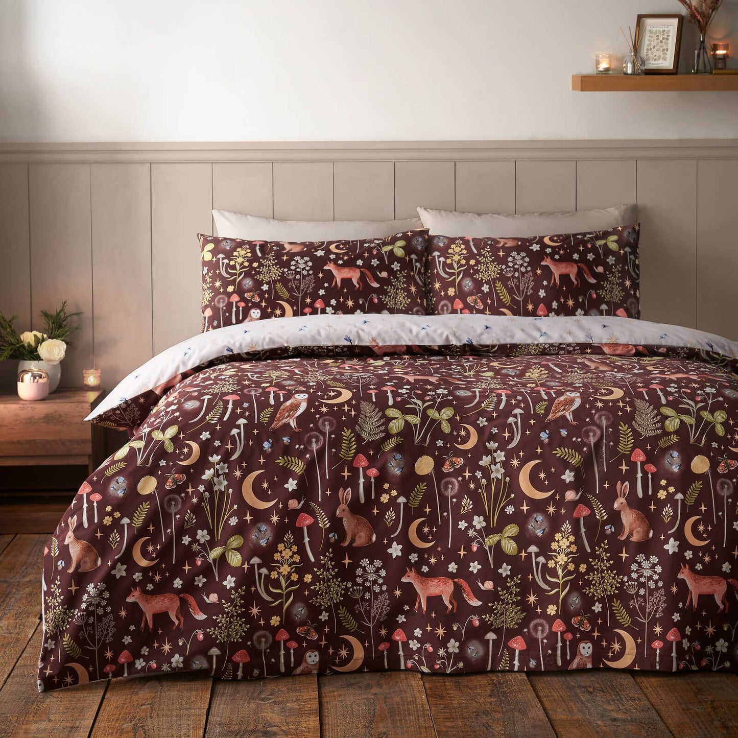 Catherine Lansfield Enchanted Twilight Animals Printed Bedding Duvet Cover Set Chocolate