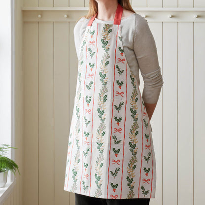 Catherine Lansfield Christmas Holly Stripe Cotton Kitchen Adult Apron Cream / Red - 70x80cm