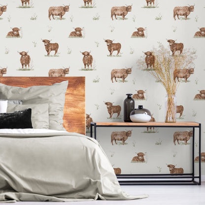 Catherine Lansfield Angus Highland Cow Natural Wallpaper - 105x53cm