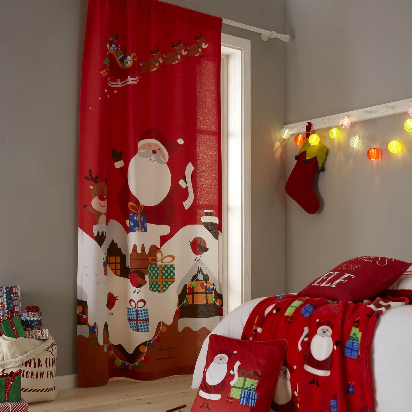 Santa's Christmas Presents Red Voile Panel