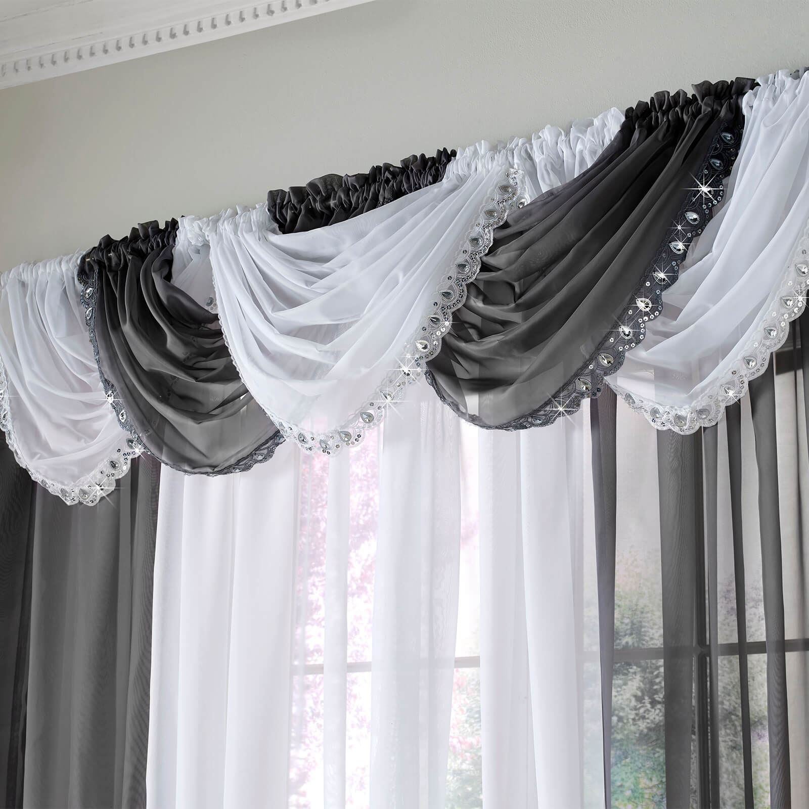 Jewelled Trim Black Curtain Swag