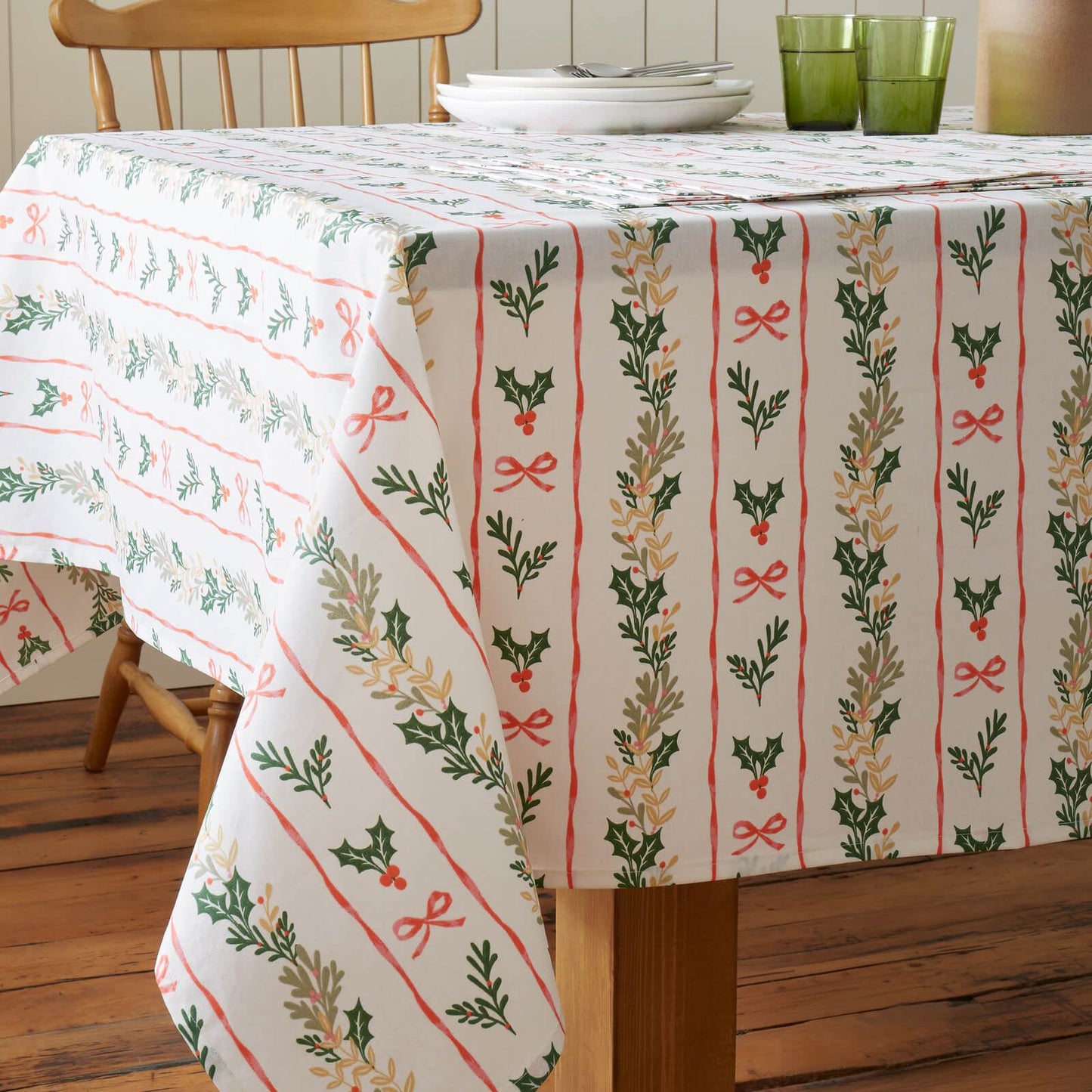 Catherine Lansfield Christmas Holly Stripe Cotton Table Cloth Cream / Red
