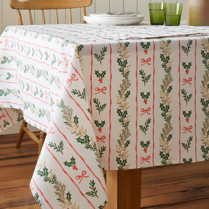 Catherine Lansfield Christmas Holly Stripe Cotton Table Cloth Cream / Red