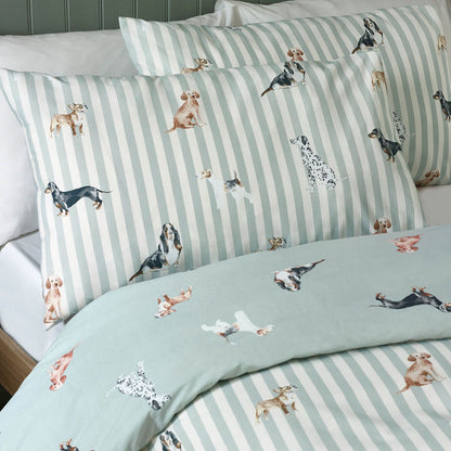 Catherine Lansfield Dog Striped Reversible Bedding Duvet Cover Set Green