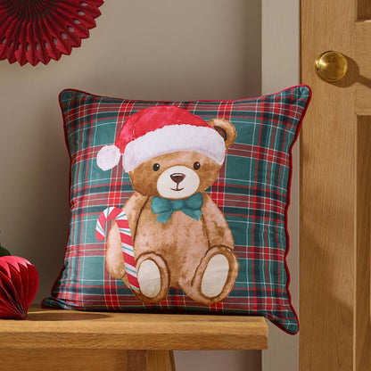 Catherine Lansfield Christmas Tartan Teddy Bear Printed Cushion Green - 45x45cm