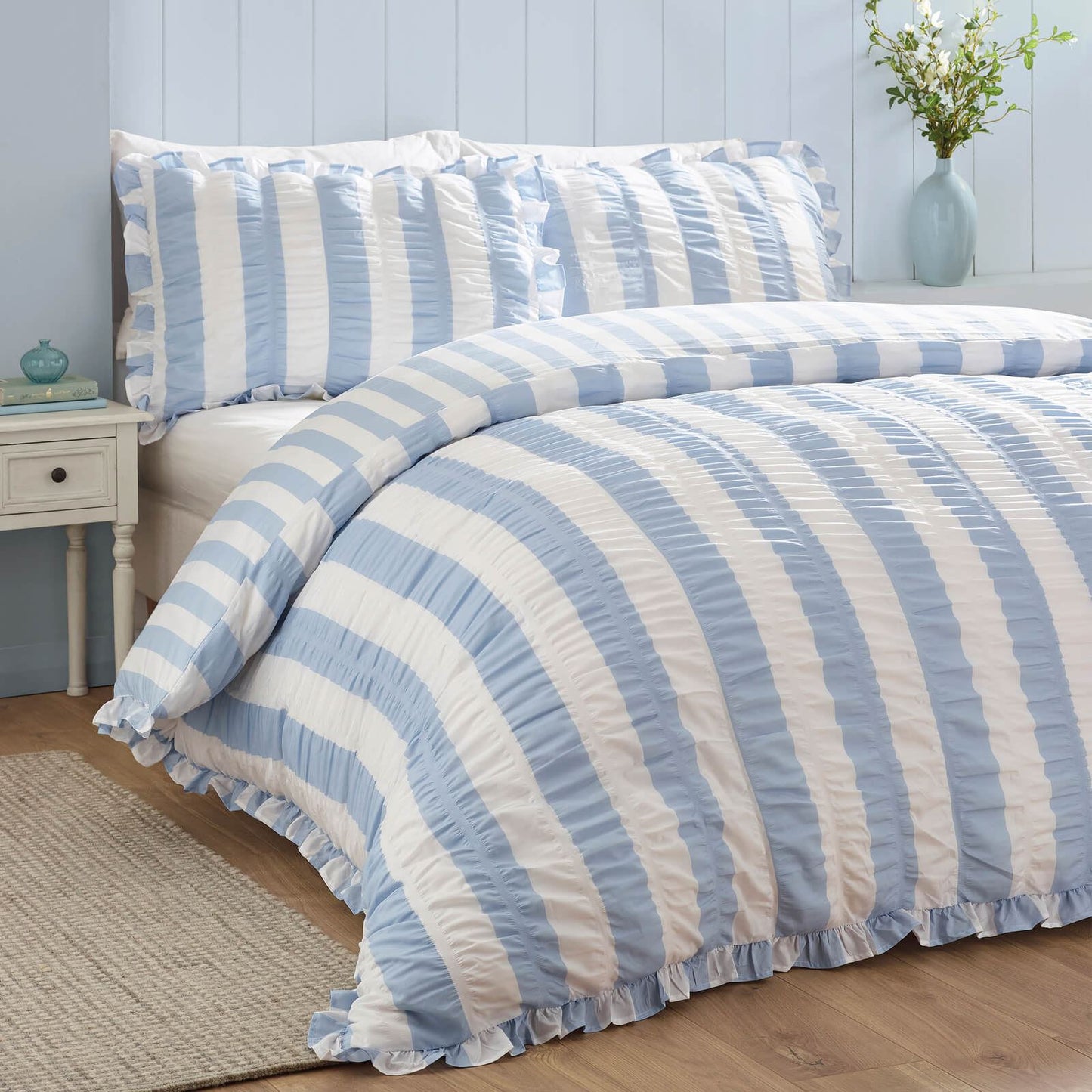 Catherine Lansfield Seersucker Frill Striped Bedding Duvet Cover Set Blue