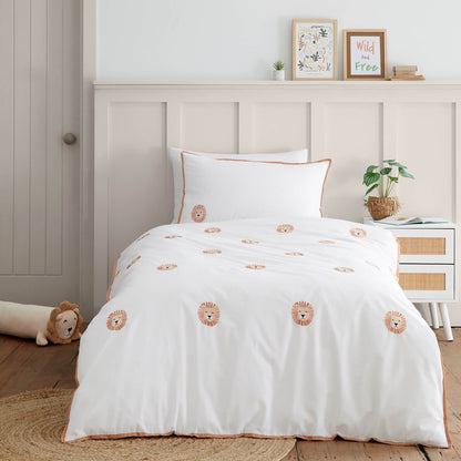 Embroidered Lions White Duvet Cover Set